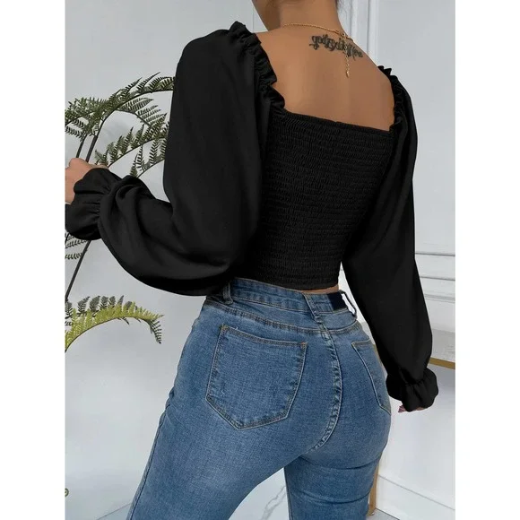 Frill Trim Bell long Sleeve Ruched Bust Milkmaid crop top boho brown - Picture 5 of 11